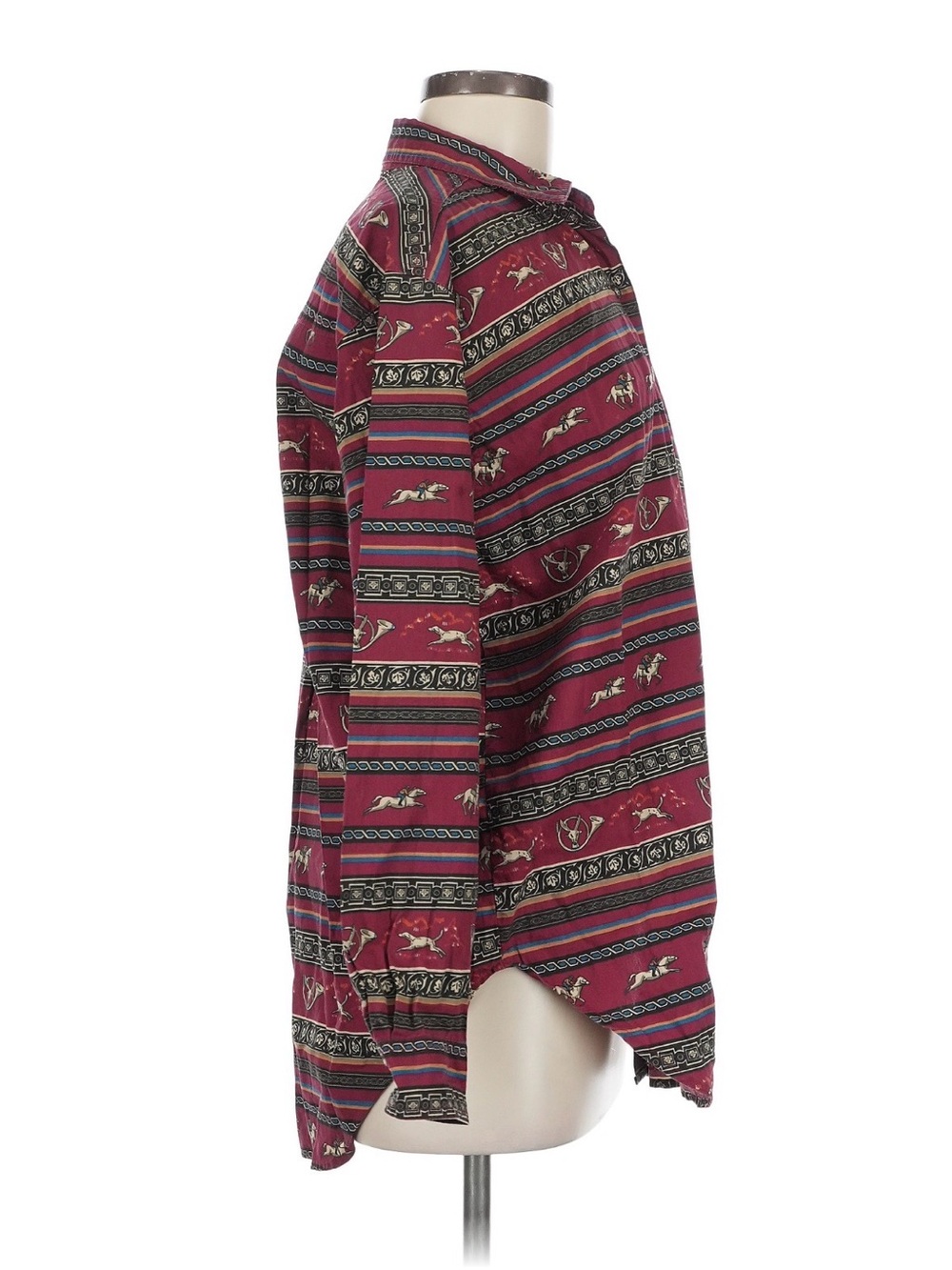 Vintage 90s English Country Style Maroon Hunt Motif Patterned Button-Up Shirt - Picture 3 of 3